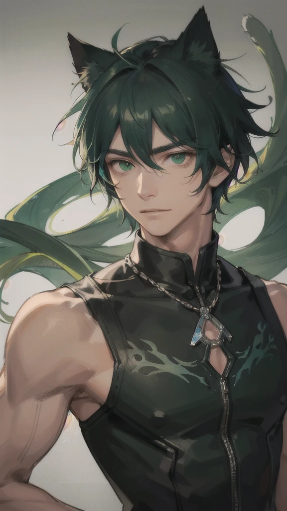 dark tanned skin,Handsome boy, Cat ears and tail, Shining eyes, (((Messy green short hair))), Very detailed portrait. The focus should be on his extremely detailed face,,muscular,=Full of male hormones