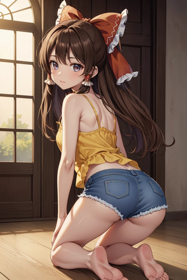 Reimu Hakurei, (Brown eyes:1.5), Brown Hair, bow, hair bow, Hair Tube, Long Hair, red bow, Side Lock,Western-style room, (((Slender body、Yellow Camisole BREAK Denim Shorts)))、(((On all fours)))、Backwards、look back、Butt sticking out pose、Forward bending pose、
BREAK Watch Viewers,blush、Sad-looking face、((Sticking out my tongue a little))、
Full Body Shot,Smile Break (masterpiece:1.2), Highest quality, High resolution, unity 8k wallpaper, (figure:0.8), (Beautiful attention to detail), Highly detailed face, Perfect lighting, Highly detailed CG, (Perfect hands, Perfect Anatomy),Dynamic pose,