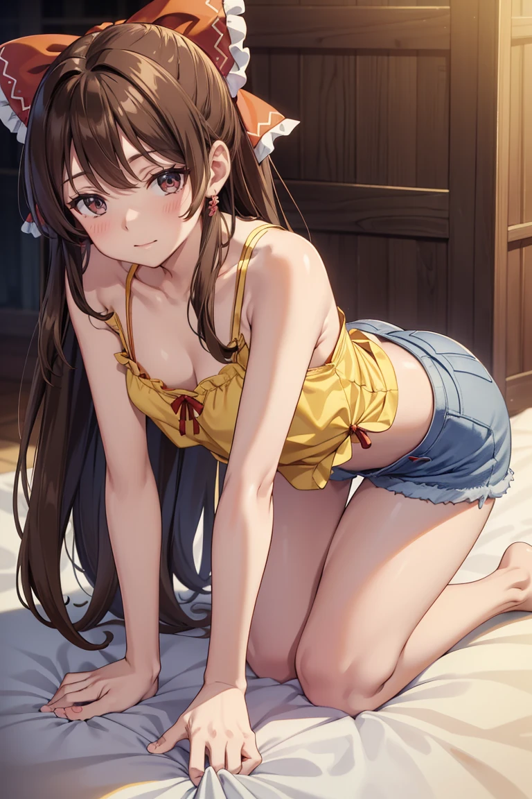 Reimu Hakurei, (Brown eyes:1.5), Brown Hair, bow, hair bow, Hair Tube, Long Hair, red bow, Side Lock,Western-style room, (((Slender body、Yellow Camisole BREAK Denim Shorts)))、(((On all fours)))、Backwards、look back、Butt sticking out pose、Forward bending pose、
BREAK Watch Viewers,blush、Sad-looking face、((Sticking out my tongue a little))、
Full Body Shot,Smile Break (masterpiece:1.2), Highest quality, High resolution, unity 8k wallpaper, (figure:0.8), (Beautiful attention to detail), Highly detailed face, Perfect lighting, Highly detailed CG, (Perfect hands, Perfect Anatomy),Dynamic pose,
