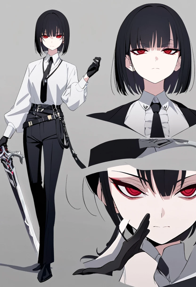 One woman,Dynamic,whole body,Are standing,mysterious,Concept Art,Character Design,Jet black straight hair,The bangs are trimmed to accentuate the eyes.,Well-proportioned face,Sharp Eyes,White shirt,Black tie,Black slacks,Silver cufflinks on the left hand,On the ring finger of her right hand she wears a simple silver ring.。Luxury watches,Black leather shoes,beltでウエストラインを強調,Stylish,Red eyes,belt,Stylish,Simple background gray,Details,Okabo Hair,Half-open eyes,Cool appearance,,Black gloves,Short Hair,Narrow eyes,Accentuated body lines,Has a sword on his waist,