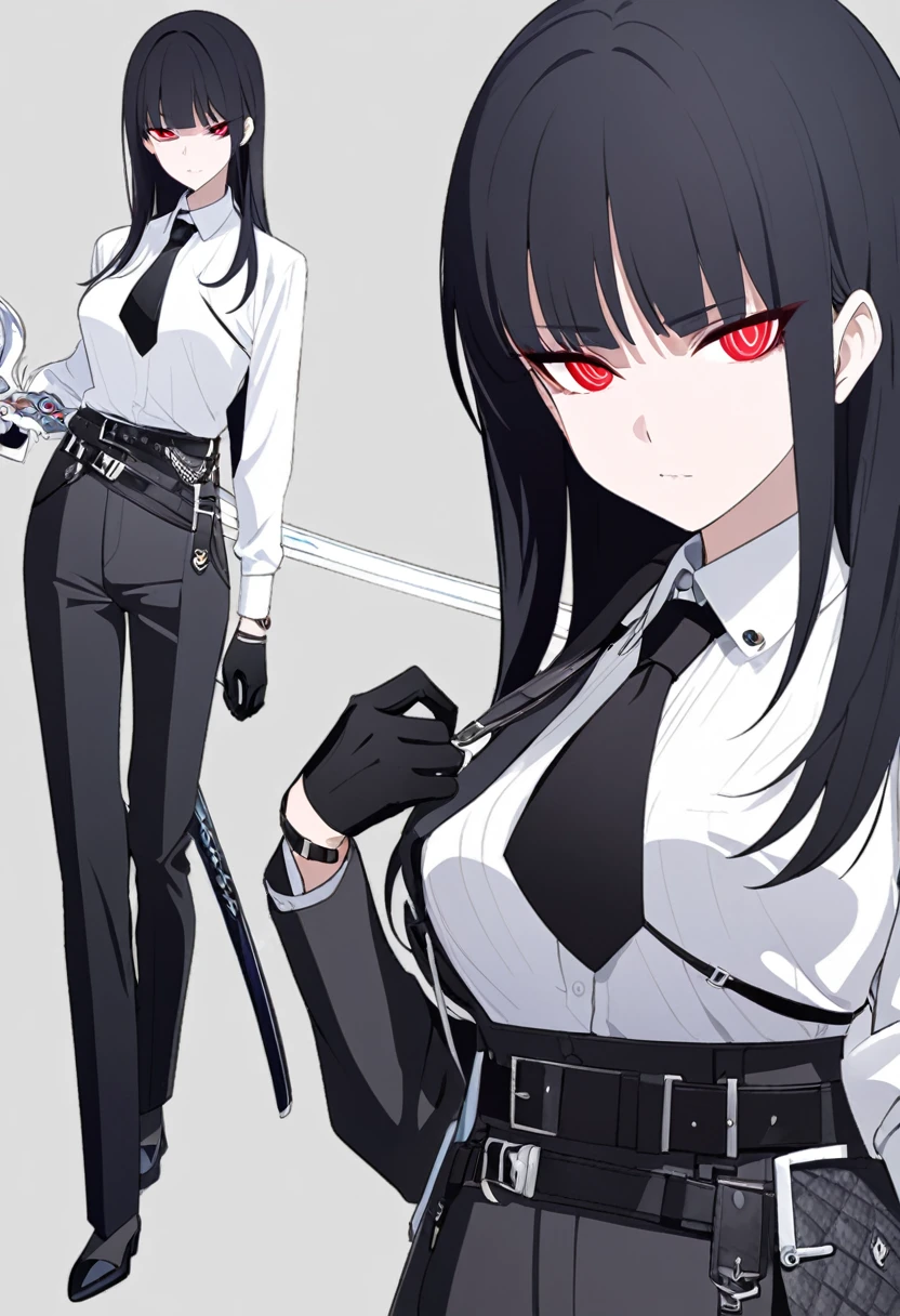 One woman,Dynamic,whole body,Are standing,mysterious,Concept Art,Character Design,Jet black straight hair,The bangs are trimmed to accentuate the eyes.,Well-proportioned face,Sharp Eyes,White shirt,Black tie,Black slacks,Silver cufflinks on the left hand,On the ring finger of her right hand she wears a simple silver ring.。Luxury watches,Black leather shoes,beltでウエストラインを強調,Stylish,Red eyes,belt,Stylish,Simple background gray,Details,Okabo Hair,Half-open eyes,Cool appearance,,Black gloves,Short Hair,Narrow eyes,Accentuated body lines,Has a sword on his waist,