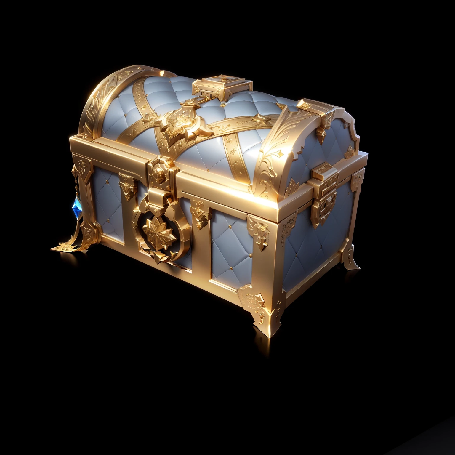 White leather treasure chest with gold metal trim and rubies，Loot Boxes, Treasure，Metallic luster，Game assets,  Treasure artifact, 3d icons for mobile games，Diablo concept style，
