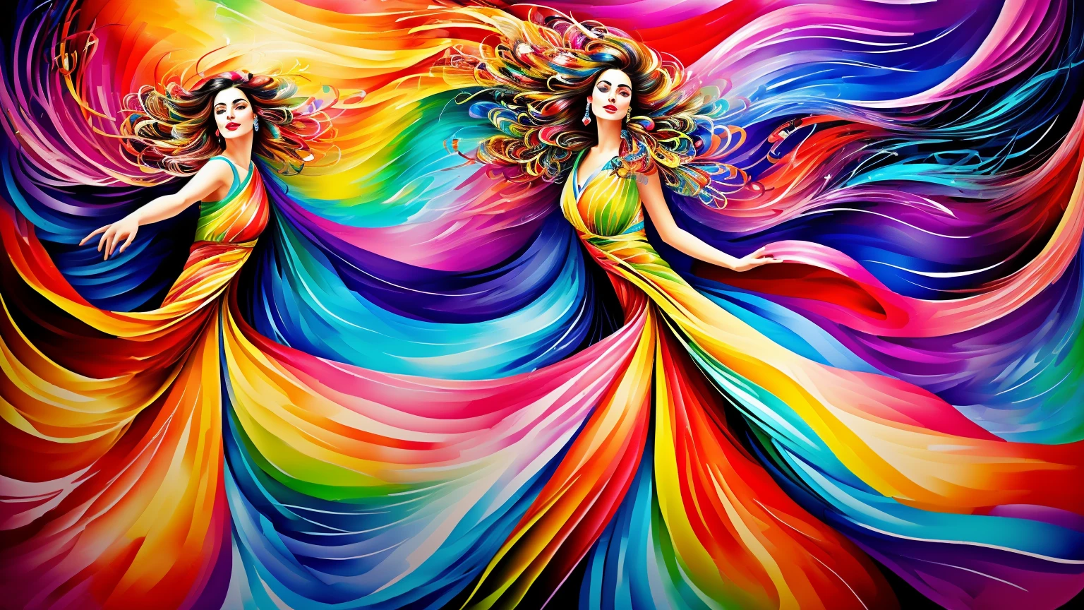 Wearing a colorful dress、Painting of a Spanish woman dancing with colorful swirls, Just a joke, Colorful artワーク, Circling, Dance with grace, Folk illustration, Colorful art, Colorful illustration, Colorful digital painting, Colourful and detailed, Digital illustration radiation, Vivid digital painting, A complex and colorful masterpiece, A colorful and exquisite masterpiece, A festival of rich colours
