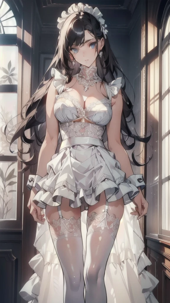 ((masterpiece, best quality)), Delicate face,Maid,White Tiger,whole body,Long legs,Large Breasts,Gradient long wavy hair,Perfect body proportions,beautiful eyes,Extremely beautiful,transparent, Pure white background,Erotic_lingerie,Open_chest,Lace,Garter stockings