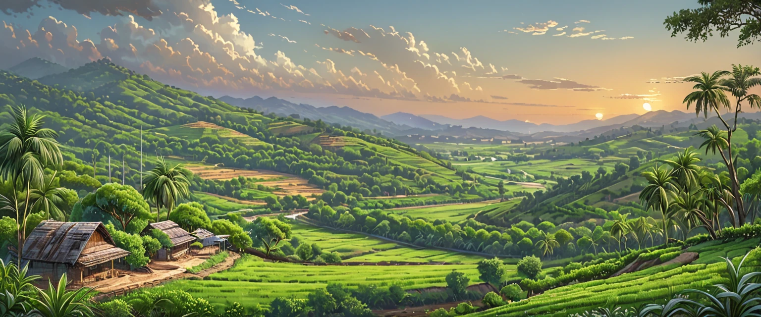 ((Sunset evening, Depict a train approaching through the picturesque Indian countryside, with vast green fields stretching out on either side. In the foreground, cattle graze peacefully, adding to the pastoral charm of the scene. The train, adorned with vibrant colors, contrasts beautifully against the serene landscape. The sky is a brilliant blue with scattered white clouds, and the distant horizon is lined with lush trees and rolling hills. The overall atmosphere is tranquil and idyllic, capturing the essence of rural India)), (,(ultra-detailed, absolutely resolution),