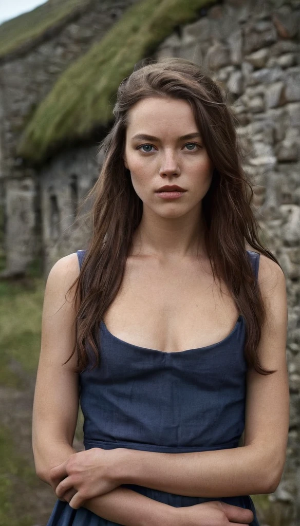 the woman is dressed for the camera, in the style of daria endresen, kris knight, scottish landscapes, medieval scottish village, scottish traditional attire, light navy and dark brown, georg jensen, intense close-ups, matte photo --ar 1:2 --stylize 750 --v 6