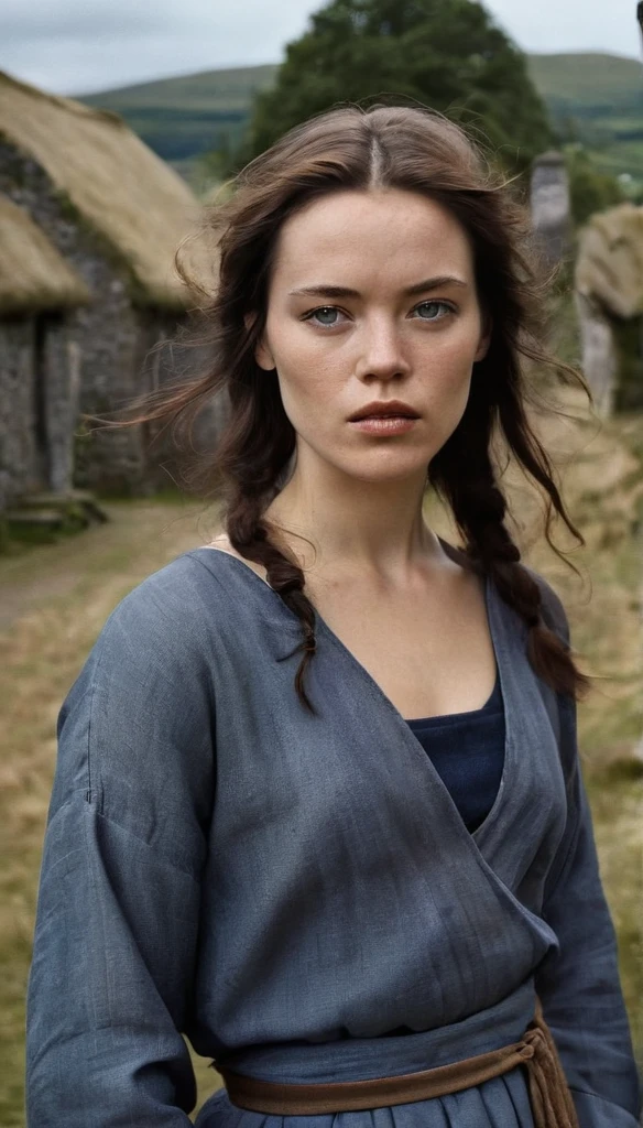 the woman is dressed for the camera, in the style of daria endresen, kris knight, scottish landscapes, medieval scottish village, scottish traditional attire, light navy and dark brown, georg jensen, intense close-ups, matte photo --ar 1:2 --stylize 750 --v 6