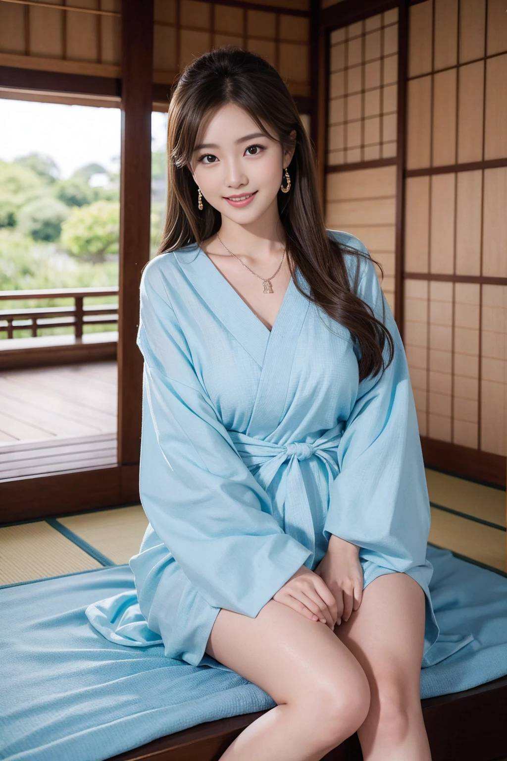 Highest quality,8K, Detailed facial depiction, Detailed description of the eyes,One Woman, Light brown hair(Medium-long hair),Beautiful Japanese Girl,24-years-old,Cute eyes,Cute Smile,Yukata beauty,Light blue gingham check yukata,Slender body, Large, plump breast size, Long and beautiful legs,Smiling, Colorful earrings,necklace,Are standing,Beautiful nape,Japan tatami room,Sitting upright