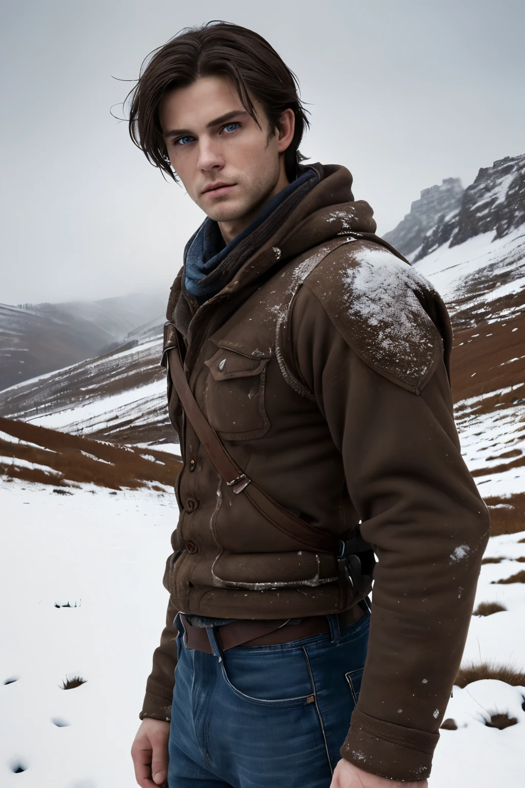 ((best quality)), ((masterpiece)), (detailed), a man Late 20s, Athletic build, muscular, Short, dark brown hair, intense blue eyes, Strong jawline, usually seen in practical, weathered clothing suitable for survival, extreme long shot in snowy backdrop