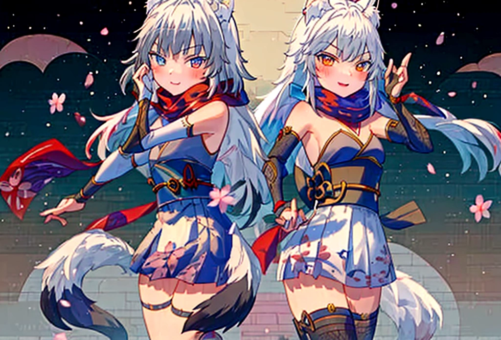 (masterpiece, best quality:1.2), 1girl, 独奏,Wolf girl, fox mask, ninja, girl, long white hair, odd eyes, blue kimono, ninja girl, red and blue scarf,Dancing Cherry Blossoms,Full moon backlighting, light coming in, fantastic atmosphere. Holding a small sword、Cutting action、Shining starry sky、Light shining into pitch black darkness、Shining Sword