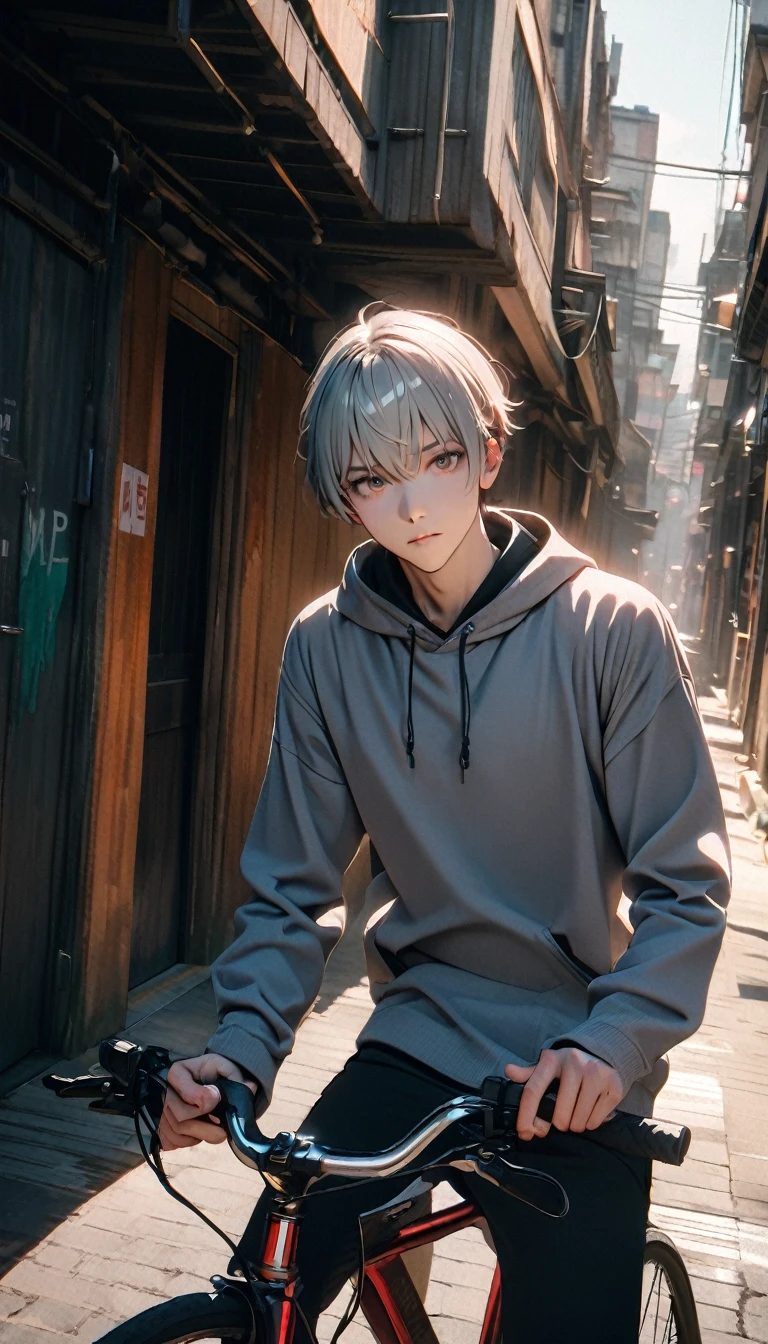 (8K, RAW photos, best quality, masterpiece: 1.4), (((Boy on bike))),Ultra-high resolution, Extremely detailed, light, closeup of arms, handsome boy, black eyes, (delicate eyes, Eyes are bright:1.2), Gray short hair, Fair skin,dark, Grey sweatshirt, sweatshirt with hood,(perfect anatomy:1.2), High-quality shadows, Natural Lighting, (White highlights:1.2), night, cloudy day, (Alley:1.2), (River bridge:1.2)