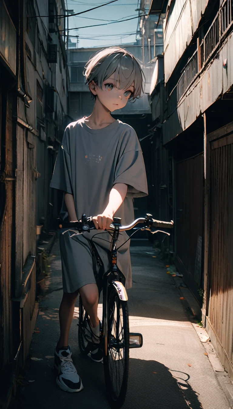 (8K, RAW photos, best quality, masterpiece: 1.4), (((Boy on bike))),Ultra-high resolution, Extremely detailed, light, closeup of arms, handsome boy, black eyes, (delicate eyes, Eyes are bright:1.2), Gray short hair, Fair skin,dark, Grey sweatshirt, sweatshirt with hood,(perfect anatomy:1.2), High-quality shadows, Natural Lighting, (White highlights:1.2), night, cloudy day, (Alley:1.2), (River bridge:1.2)