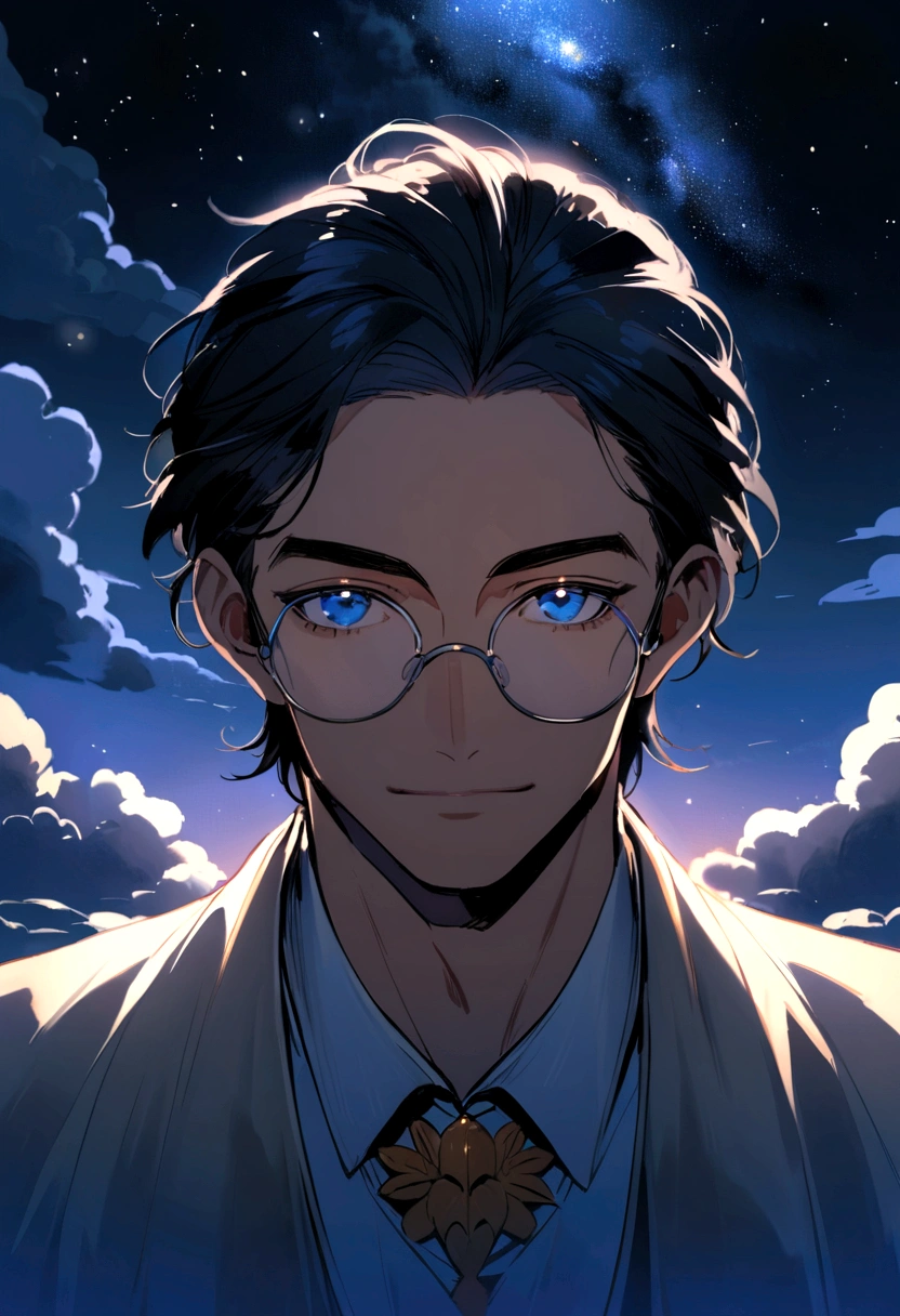 Film quality, One Man in Heaven, close, Cloudy, Soft Lighting, Starry Sky, Handsome man with round glasses, View the viewer, blue eyes, Black-haired, Blackbeard