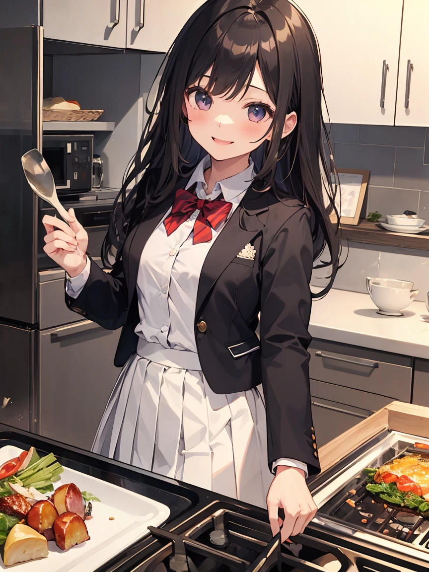 In one girl、smile、fun、High school blazer with popular design、shirt、pleated skirt、white skirt、(small breasts), cooking class