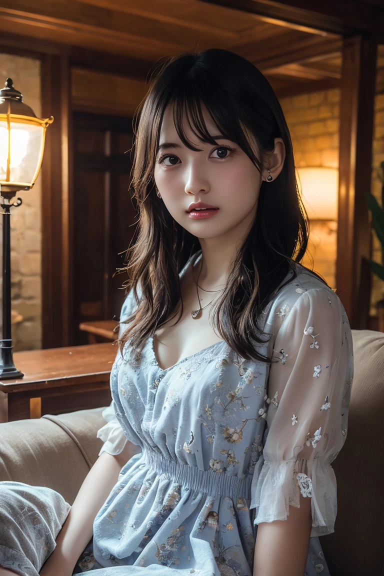 (Highest quality:1.4),(masterpiece:1.4),(Realistic:1.4),(Realistic:1.2),(超High resolution, RAW Photos:1.4),(High resolution, Ultra-detailed:1.2),(8K:1.2),View your viewers,Cinematic photography,Black Hair,Small earrings,necklace,One girl,skeletally correct,(Floral Dress,View from the front),(Western-style building interior,Dimly lit room,The lamplight shines on my cheeks,Sit on the sofa)