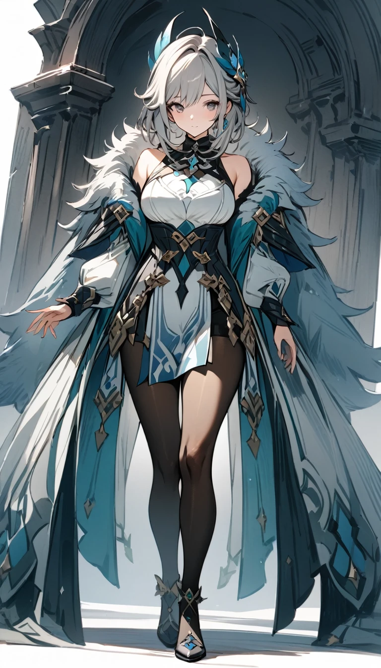 ((masterpiece)), ((best quality)), ((high resolution)), full body, standing, white backgroun, fantasy, genshin clothes, genshin outfit, fantasy theme, large breast, fur mantle, bare shoulders, pantyhose, 