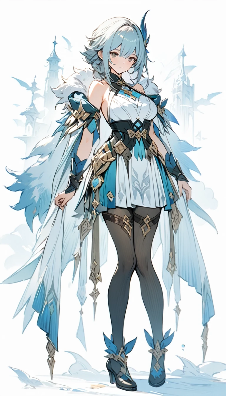 ((masterpiece)), ((best quality)), ((high resolution)), full body, standing, white backgroun, fantasy, genshin clothes, genshin outfit, fantasy theme, large breast, fur mantle, bare shoulders, pantyhose,