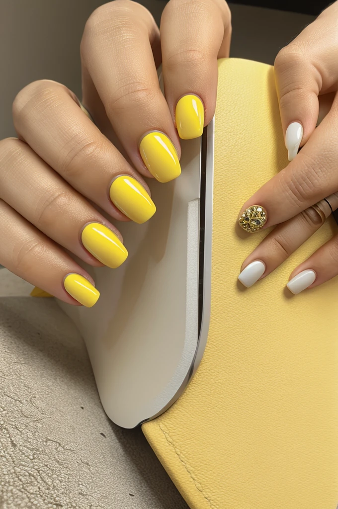 Nail extensions in yellow with rimstone