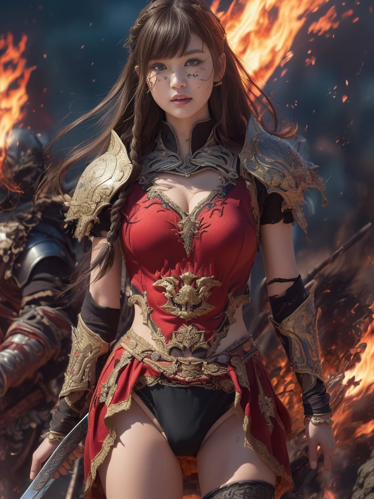 Very beautiful woman、Slender women、(Detailed face)、Realistic Skin、((Knight of Fire)), (((Red Armor:1.25)))、((((A black armor with extremely detailed and intricate decoration.))))、((Delicate photo)),(Girl Astepeace RAW Photo Details:1.25), (Highest quality:1.6), (Ultra-high resolution:1.5), (Realistic:1.75), 8K resolution, Canon EOS R5, 50mm, Absurd, Super detailed,Cinema Lighting,Battlefields of Medieval Europe、((Fight))、RPG World、Final Fantasy、(((Decorative skirt)))、Thigh-high socks、Shingard、night、((Bangs are too long))、((Long, thick, dark red braids))、Get a six pack、Torn Cloak、Beautiful Armor、(((Giant Sword)))、In combat、The wind is blowing、(((Flames covering the area)))、(((Leading a large group of red knights)))、(((Knight Commander)))、Armor with a phoenix motif、Old scar on right cheek:1.2、((flames of fire))、(((Battle Scenes)))、((Browsing Caution:1.2))、(((I can see her panties:1.4)))、、((Skirt lift in the wind))
