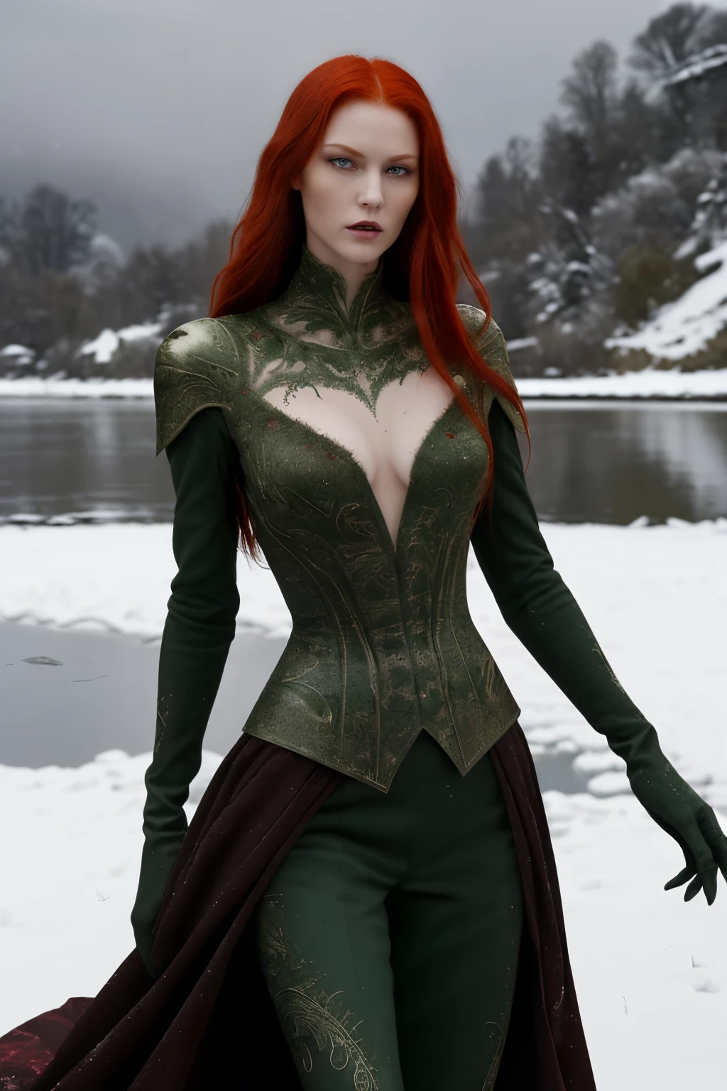 ((best quality)), ((masterpiece)), (detailed), a woman who Appears early 30s, Tall, slender but strong, Long, fiery red hair, piercing green eyes with a predatory gleam, Ethereal beauty, often dressed in elegant, dark attire that enhances her regal and intimidating presence, extreme long shot in snowy backdrop