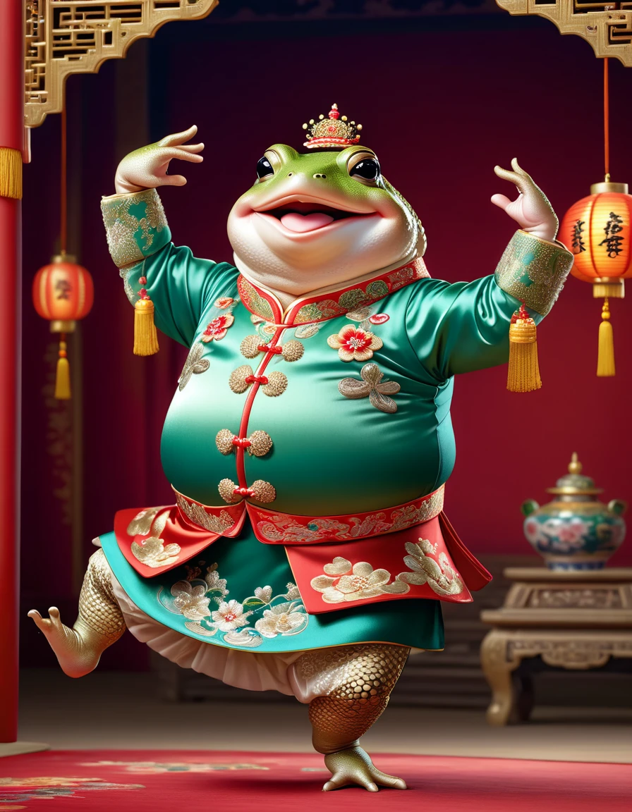 photorealistic portrait of Dressed animals - a ((fat)) ((toad)) dancer,(furry), (dynamic dancing:2.0), (swinging arms :2.0),(happy smile:1.5),high quality,(happy),(lovely) ,intricate details, (accessories), highly detailed (( Cheongsam)) ,highly detailed decorations of clothes, Wearing Cheongsams, , (happy), soft lighting,(full body image:1.5),Chinese palace background,(viewed from side:2.0),