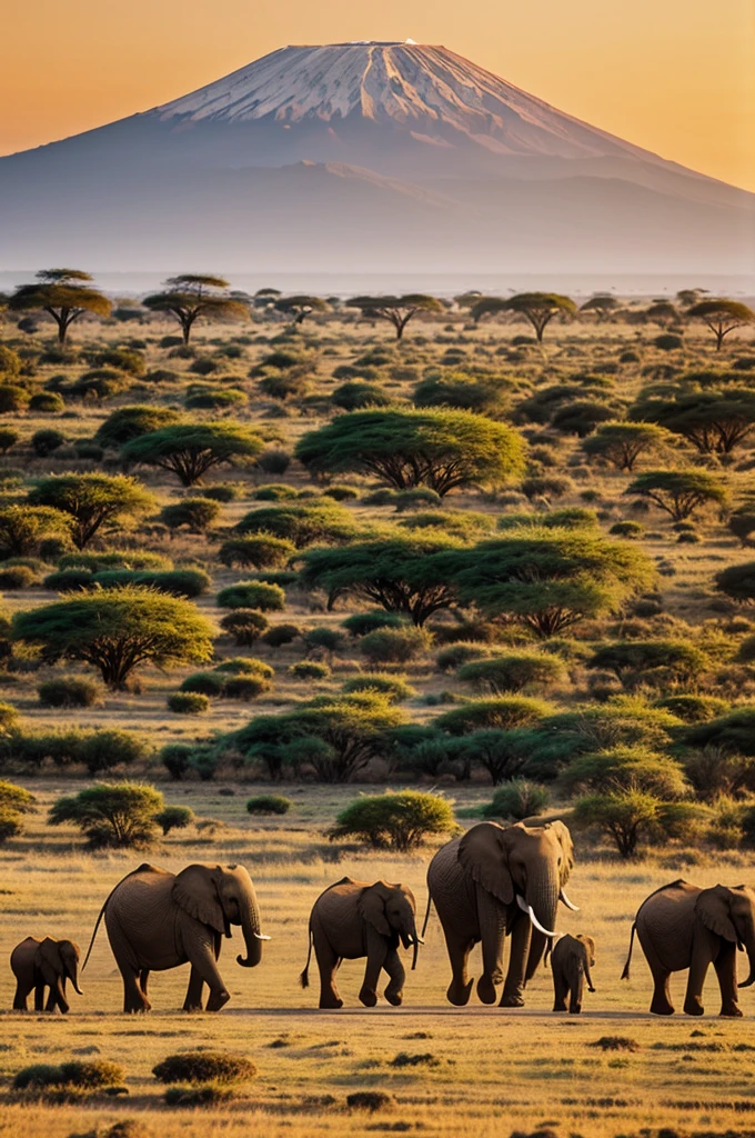 African Elephant Family: A family of African elephants, including a calf, walking through the savanna with Mount Kilimanjaro in the background during a golden sunset.