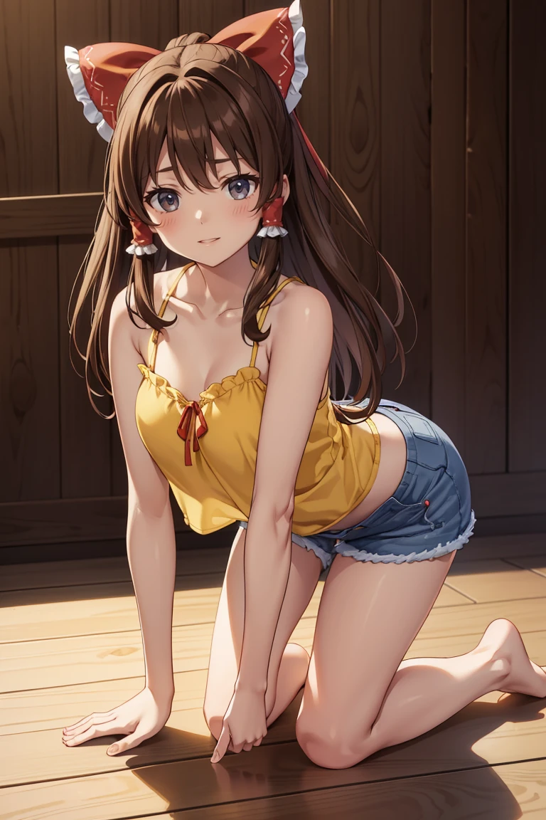 Reimu Hakurei, (Brown eyes:1.5), Brown Hair, bow, hair bow, Hair Tube, Long Hair, red bow, Side Lock,Western-style room, (((Slender body、Yellow Camisole BREAK Denim Shorts)))、(((On all fours)))、Backwards、look back、Butt sticking out pose、Forward bending pose、The audience is watching from behind、
BREAK Watch Viewers,blush、Sad-looking face、((Sticking out my tongue a little))、
Full Body Shot,Smile Break (masterpiece:1.2), Highest quality, High resolution, unity 8k wallpaper, (figure:0.8), (Beautiful attention to detail), Highly detailed face, Perfect lighting, Highly detailed CG, (Perfect hands, Perfect Anatomy),Dynamic pose,