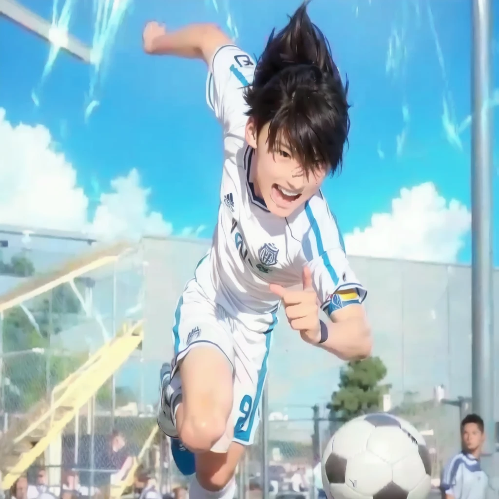 anime image of a boy in a soccer uniform jumping over a soccer ball, realistic