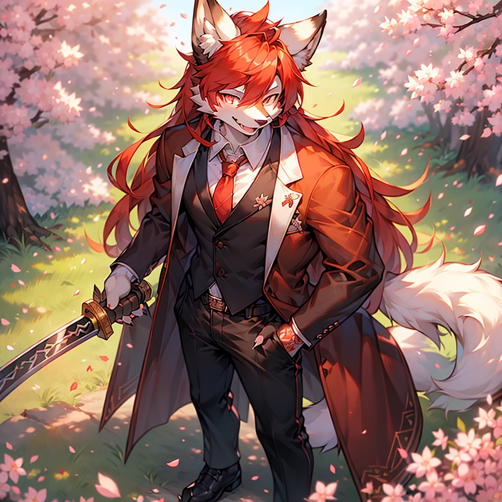 solo, long hair, looking at viewer, smile, shirt, long sleeves, 1boy, holding, animal ears, closed mouth, standing, jacket, tail, full body, white shirt, weapon, male focus, red hair, outdoors, open clothes, necktie, day, collared shirt, belt, pants, sword, holding weapon, blurry, open jacket, animal ear fluff, petals, tattoo, fox tail, from above, facial mark, holding sword, black pants, formal, katana, suit, cherry blossoms, sheath, claws, furry, colored sclera, hand in pocket, sheathed,furry male, body fur, white fur, snout, two-tone fur, lapel