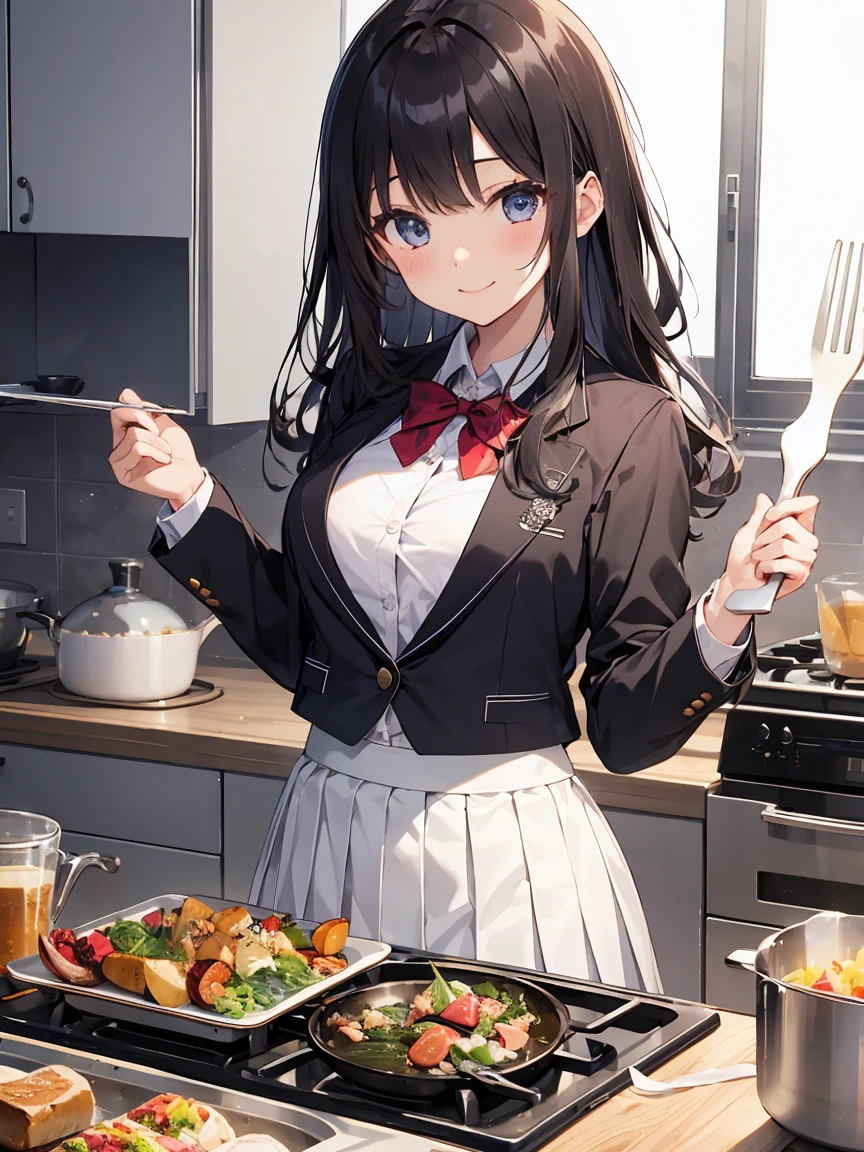 In one girl、smile、fun、High school blazer with popular design、shirt、pleated skirt、white skirt、（small breasts), cooking class, black hair