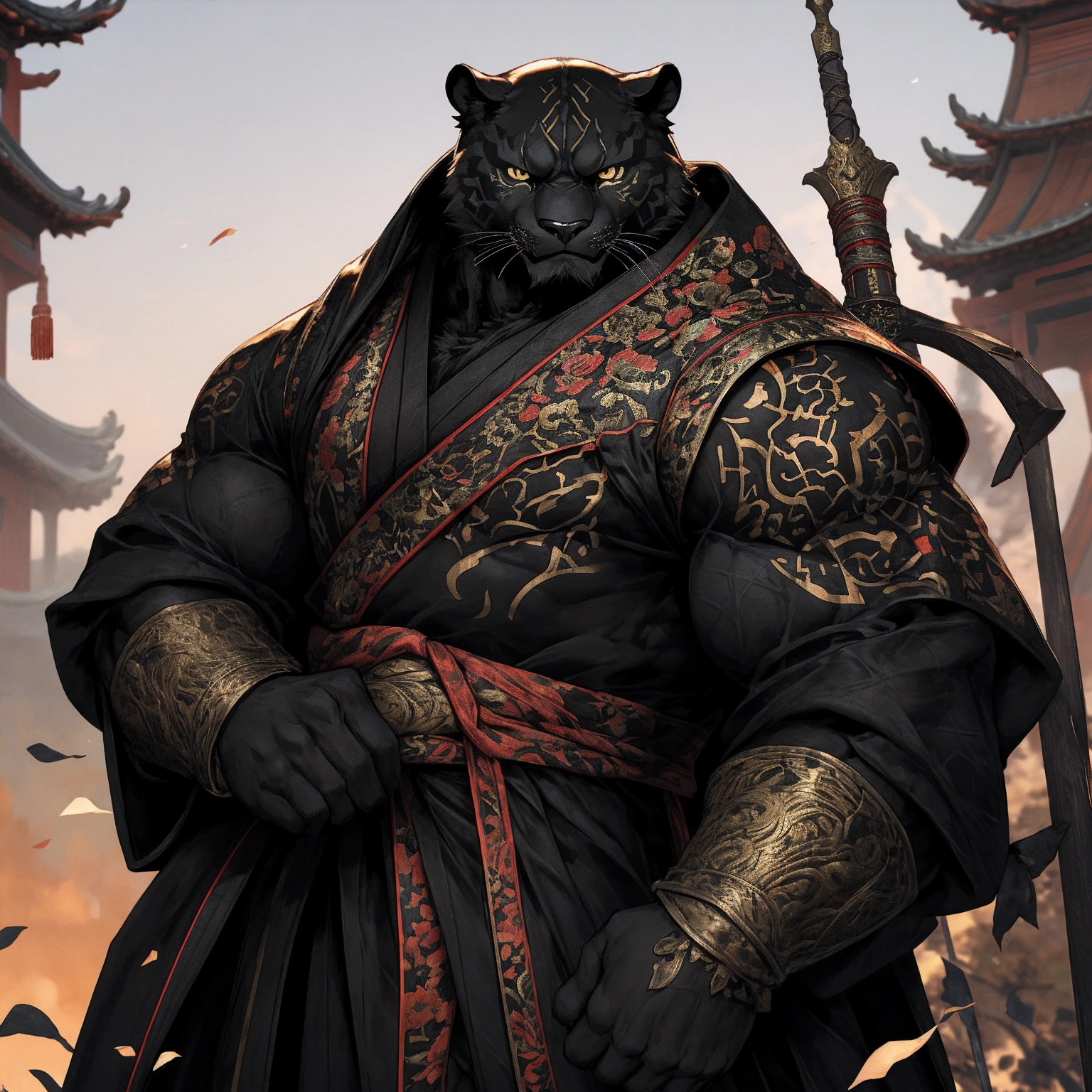 (Black Panther),(Black combat robe),Holding a spear,Powerful gesture,Stand confidently and proudly,Chinese style general holding a sword looking into the distance Longcheng middle-aged serious face beard,Strong,muscle,(high resolution:1.3)
