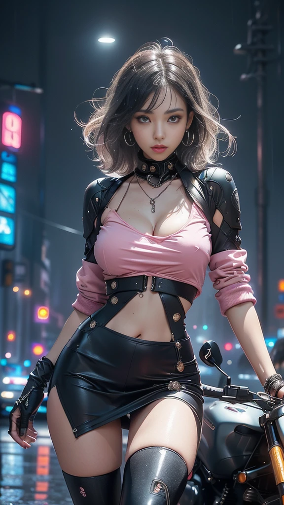 (realistic:1.3, 16K, top quality, masterpiece, Ultra high resolution), ((light rain, from below)), Perfect dynamic composition:1.2, (Modern futuristic city at night, Expressions of sadness:0.5, Driving a motorcycle), Highly detailed skin and face textures.:1.2, young Japanese woman, Incredibly thin body, bright skin, Sexy beauty, very beautiful face, Beautiful、aesthetic, (pink tight skirt, You wear cyberpunk style clothing), (beautiful breasts, Chest rupture), (big eyes, radiating beautiful eroticism, lips, radiating beautiful eroticism), necklace, earrings, bracelet, wedding ring, backpack, times, sunglasses, motorcycle, cowboy shot