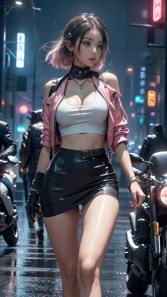 (realistic:1.3, 16K, top quality, masterpiece, Ultra high resolution), ((light rain, from below)), Perfect dynamic composition:1.2, (Modern futuristic city at night, Expressions of sadness:0.5, Driving a motorcycle), Highly detailed skin and face textures.:1.2, young Japanese woman, Incredibly thin body, bright skin, Sexy beauty, very beautiful face, Beautiful、aesthetic, (pink tight skirt, You wear cyberpunk style clothing), (beautiful breasts, Chest rupture), (big eyes, radiating beautiful eroticism, lips, radiating beautiful eroticism), necklace, earrings, bracelet, wedding ring, backpack, times, sunglasses, motorcycle, cowboy shot