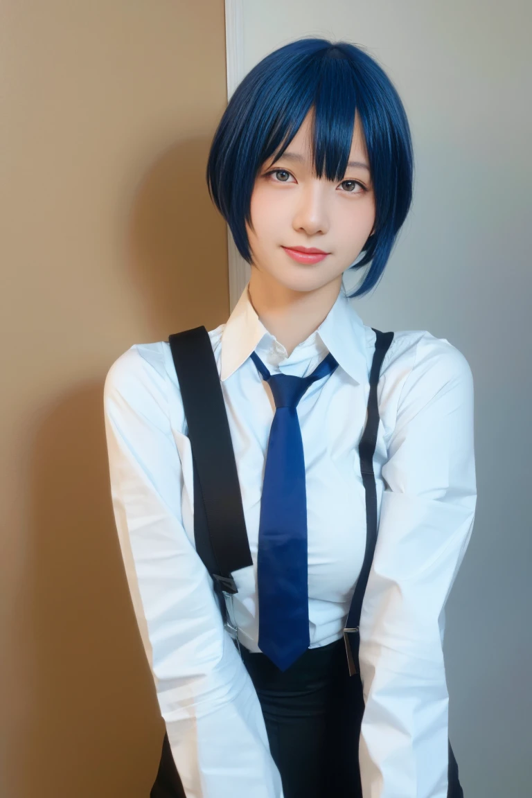  best quality, tmasterpiece,Ultra-high resolution,Clear face,（Reality：1.4），ferpect lighting，(upper body photo:1.3), (photorealistic:1.50), anime wallpaper, Guviz style artwork, cover-up fantasy up to magic , by Yang J, Guviz, beautiful artwork illustration, beautiful digital artwork, beautiful digital illustration, Li Song, beautiful anime portrait, art style in Beauvot,1girl, kafka, blue hair, short hair, bangs, purple eyes, eyewear on head, white shirt, suspenders, necktie, arms  behind back, closeup, looking at viewer, 独奏, sketch, simple background 