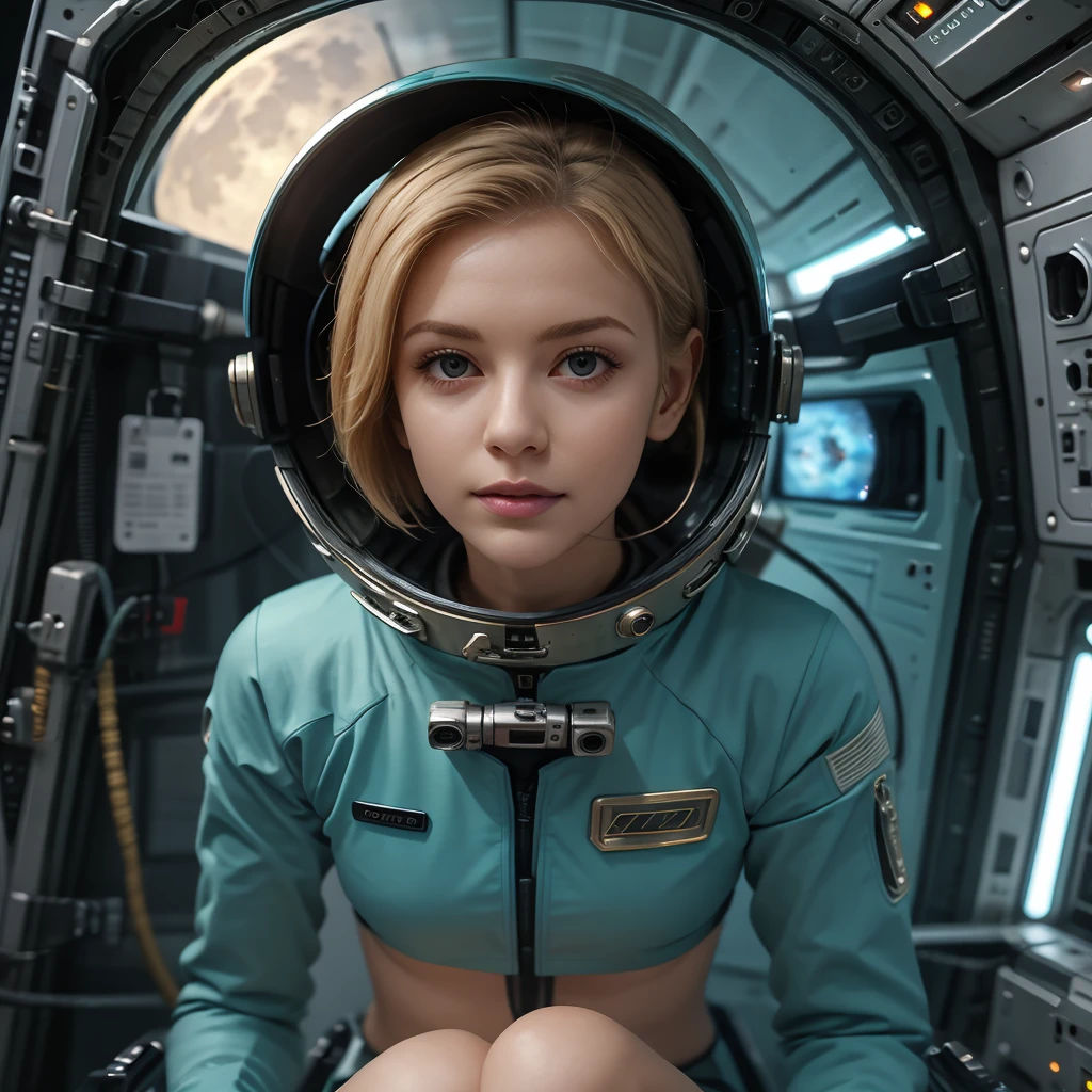 (masterpiece:1.4),(best quality,photorealistic), A beautiful Blonde woman with short hair, 38 years old, she is wearing a full length Teal space suit, she has perfect hands and face, she is sitting in a space capsule, there computers and flight controls, and exclusive, Luxury, you can see a moon out of the window, space nebulas, planets, control panel, she is sitting in a large space,