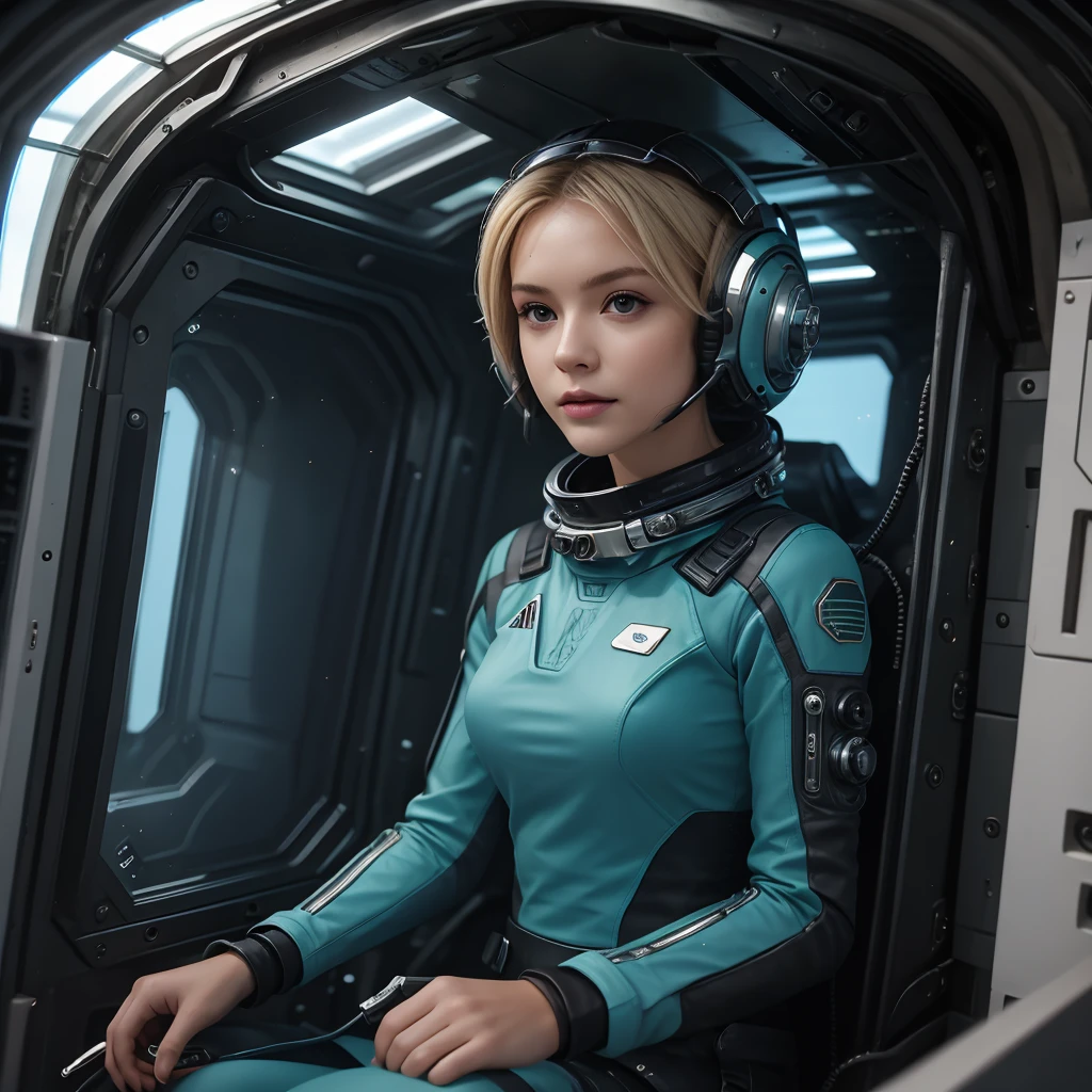 (masterpiece:1.4),(best quality,photorealistic), A beautiful Blonde woman with short hair, 38 years old, she is wearing a full length Teal space suit, she has perfect hands and face, she is sitting in a space capsule, there computers and flight controls, and exclusive, Luxury, you can see a moon out of the window, space nebulas, planets, control panel, she is sitting in a large space,