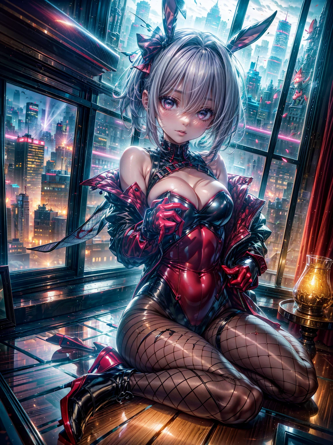 Highest quality、8K、(Bunny girl)、Fishnet tights、High heels、Red Bunny Suit、View Viewer、smile、Futuristic Living Room、indirect lighting、Room with houseplants、From the window you can see the valley between the city buildings、Night view、Silver short hair、Beautiful eyes、Beautiful Face、Many layers of eyes

