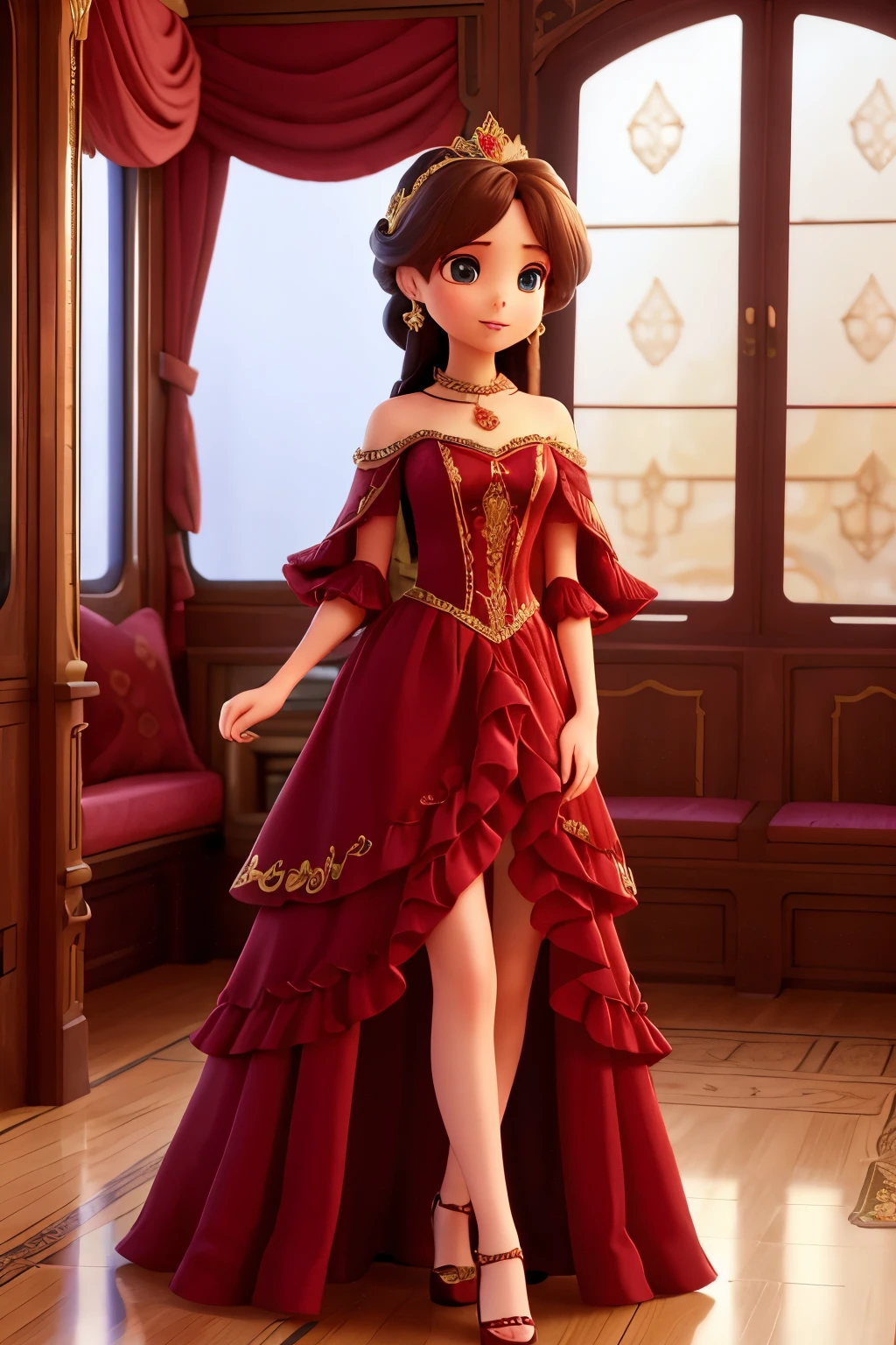 The dress is an enchanting crimson masterpiece, evoking the timeless elegance of classic fairytales. The bodice is structured yet delicate, featuring intricate embroidery with golden threads that create floral patterns and whimsical swirls, reminiscent of magical vines. It has a sweetheart neckline, accentuating the wearer’s grace and poise, and is adorned with small, sparkling rubies that catch the light with every movement.

The sleeves are a combination of sheer and solid fabrics; starting with a fitted satin up to the elbow, they transition into flowing chiffon that billows gracefully down to the wrist, with tiny, hand-sewn sequins that add a touch of sparkle. These sleeves give the dress a romantic and ethereal quality.

The skirt is voluminous and layered, made of the finest silk and tulle. It begins with a fitted waistline, cinched with a delicate gold ribbon, and cascades down in a cascade of ruffles and pleats. The layers alternate between rich satin and airy tulle, creating a dynamic and flowing silhouette that moves like a gentle breeze. Scattered throughout the skirt are subtle, embroidered motifs of roses and vines, adding texture and depth.

At the back, the dress features a dramatic train that glides behind the wearer, made of the same luxurious fabrics and adorned with a pattern of larger, more detailed golden flowers and leaves. The train adds an element of regality, making it perfect for a fairytale princess.

To complete the look, the dress comes with a matching red velvet cape, lined with gold silk and fastened with an ornate brooch at the shoulder. The cape provides an additional layer of mystique and grandeur