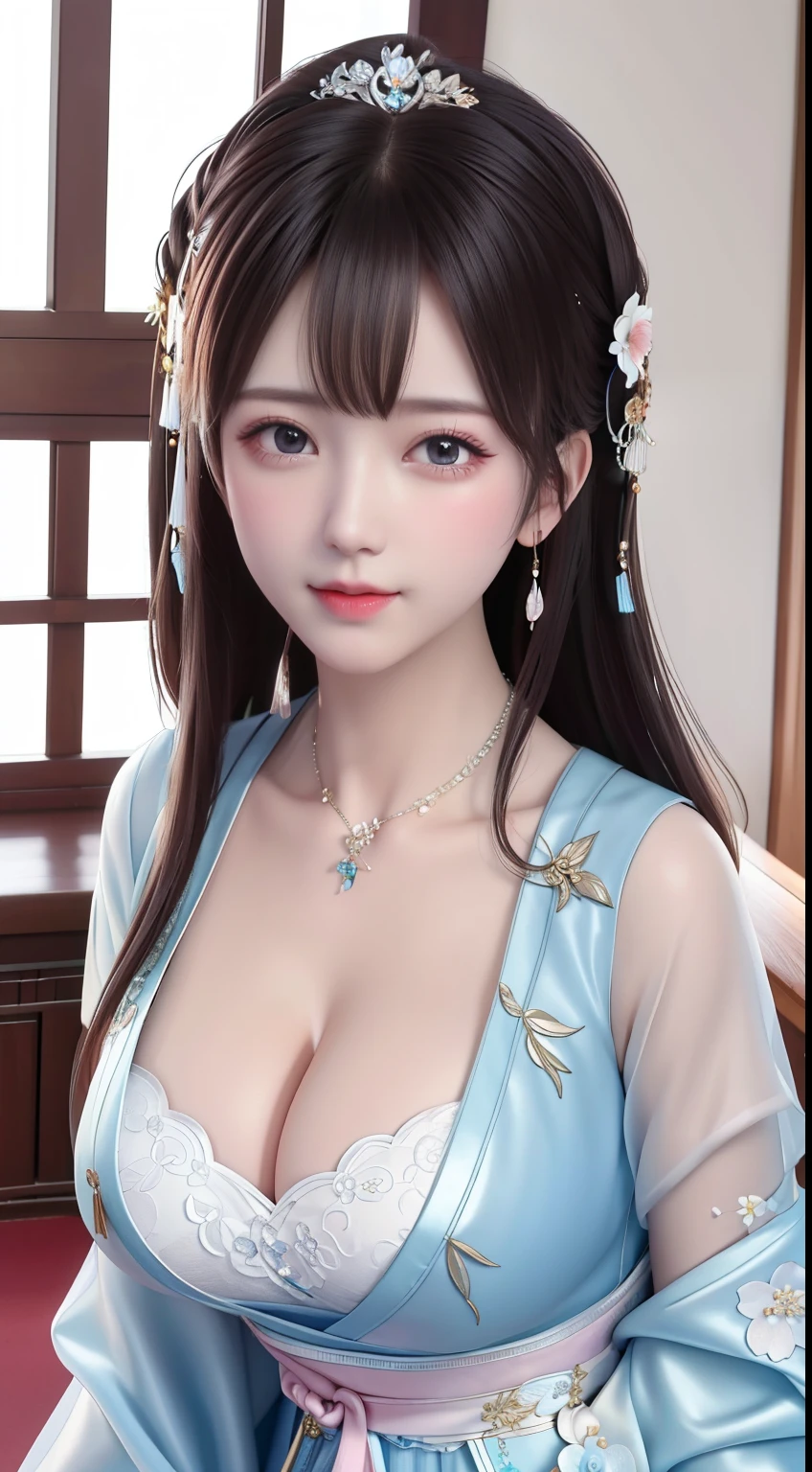 best quality, masterpiece, highres, 1girl,china dress,hair ornament,necklace, jewelry,Beautiful face,upon_body, tyndall effect,photorealistic, dark studio, rim lighting, two tone lighting,(high detailed skin:1.2), 8k uhd, dslr, soft lighting, high quality, volumetric lighting, candid, Photograph, high resolution, 4k, 8k, Bokeh, Wet-breasted Hanfu open V-chested clothes, All pictures, Wet body of thin silk fabric, Thin silk lace petticoat,princess  yeald old cute, (huge ，cleavage),petticoat, white pink, blue ，best qualtiy，tmasterpiece，Ultra-high resolution，（Reality：1.4），RAW photogr，（True skin texture：1.3），（filmgrain：1.3），（Selfie angle），1个Giant Breast Girl，Beautiful eye and face details，tmasterpiece，Best quality at best，exposing thighs，Bigchest，The chest is more exposed, pattern on fabric