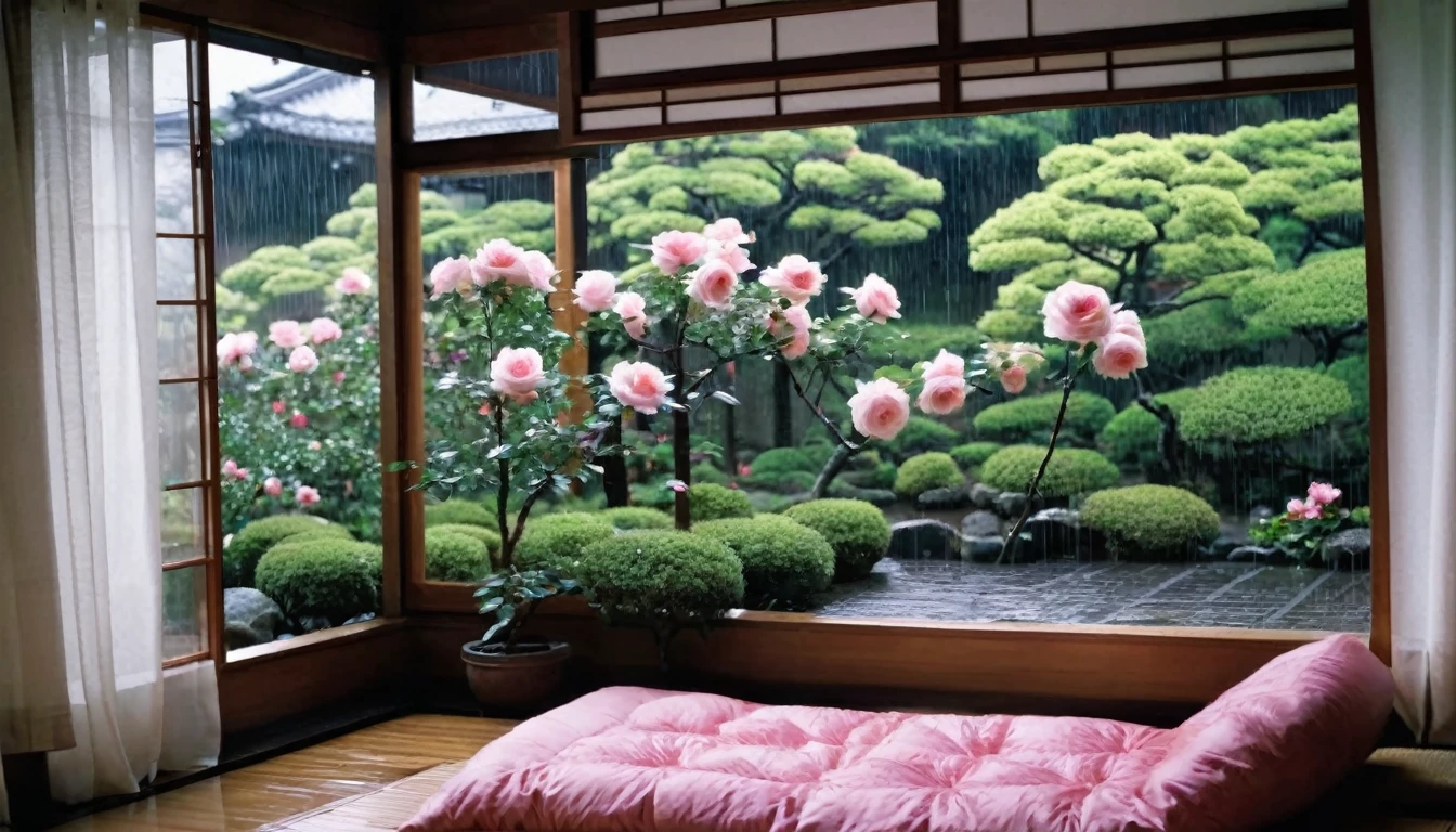 The atmosphere is sad and cold, the image of a bedroom with a small bed, blankets, pillows, wooden floors, open space without glass walls overlooking a Japanese bon sai style rose garden with rain at night. Feeling peaceful, . Color was recorded on 55mm film,