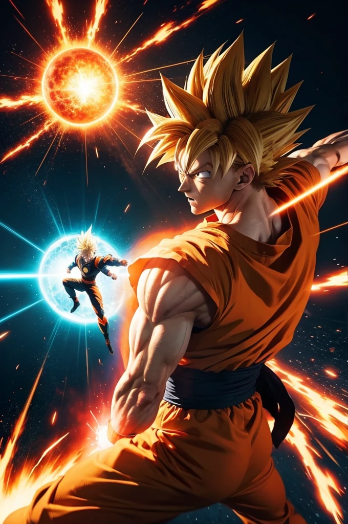 create an image of Saitama fighting Goku, anime style, with energy explosions in the background