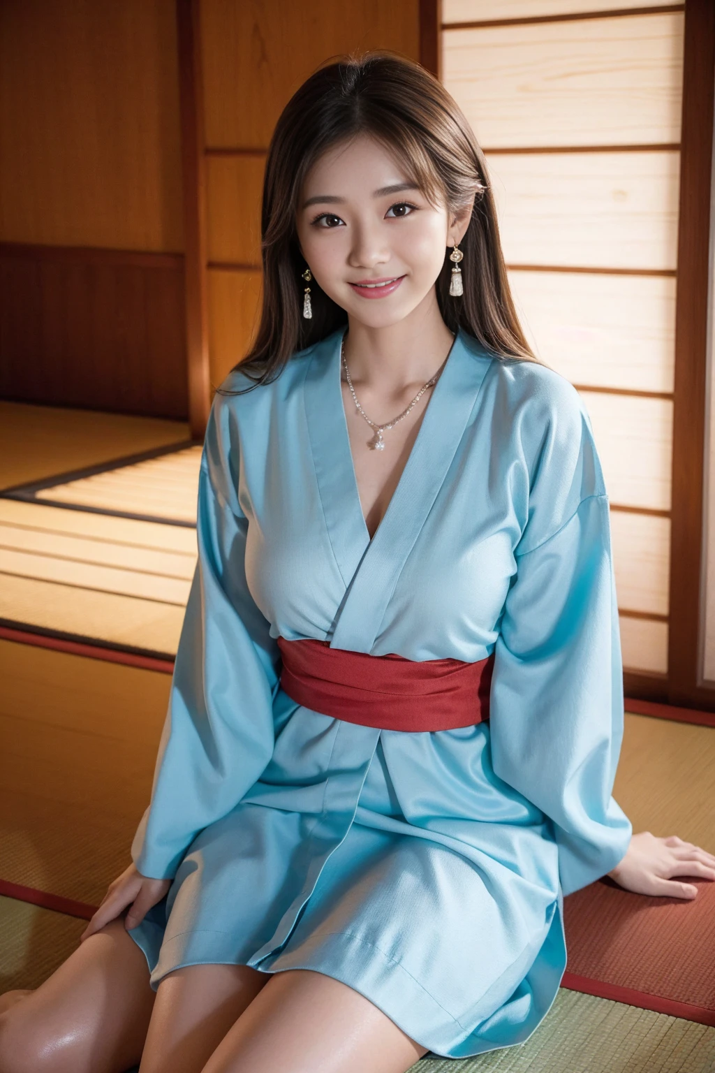 Highest quality,8K, Detailed facial depiction, Detailed description of the eyes,One Woman, Light brown hair(Medium-long hair),Beautiful Japanese Girl,24-years-old,Cute eyes,Cute Smile,Yukata beauty,Light blue checked yukata,Slender body, Large, plump breast size, Long and beautiful legs,Smiling, Colorful earrings,necklace,Are standing,Beautiful nape,Japan tatami room,Sitting upright