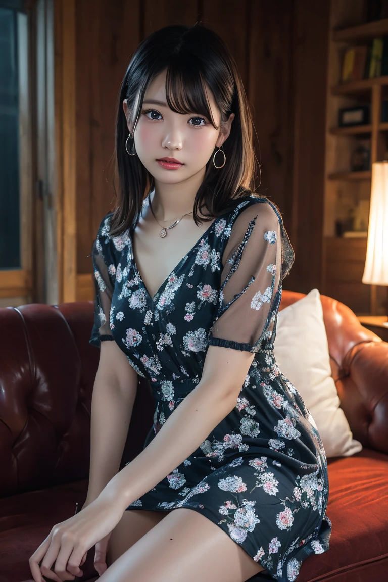 (Highest quality:1.4),(masterpiece:1.4),(Realistic:1.4),(Realistic:1.2),(超High resolution, RAW Photos:1.4),(High resolution, Ultra-detailed:1.2),(8K:1.2),View your viewers,Cinematic photography,Black Hair,One girl,((Floral Dress,View from the front)),skeletally correct,(Western-style building interior,Dimly lit room,The lamplight shines on my cheeks)