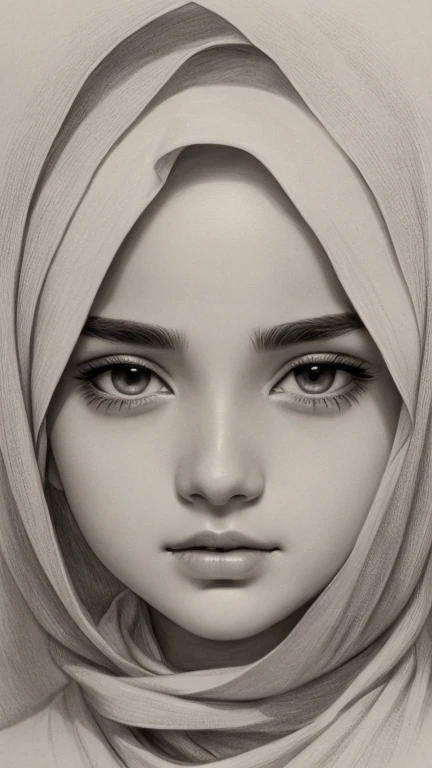 (best quality, high resolution), full screen of angel face, malay hijab girl, perfect eyes, perfect nose, perfect lips, delicate and defined facial features, ethereal glow, soft and gentle lighting, flawless skin texture, intricate details, captivating expression, enchanting gaze, a subtle smile, whimsical background, dreamlike atmosphere, monochromatic colors, meticulous shading and cross-hatching, intricate pencil strokes, mesmerizing and lifelike depiction, breathtakingly realistic portrait, stunning artistic composition