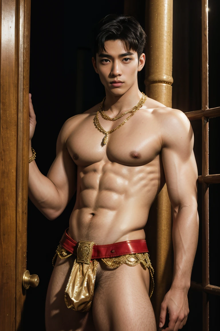 (8K, RAW photos, Highest quality) masterpiece, 1 boy, 20 years old, BDSM ((dutali body,hanging on an ancient pole)), wearing gold lace jewelry, wearing long gold beaded lace decoration around waist, completely naked looks fit, nice shaped penis, smooth penis and balls, sexy, strong confident pose , Asian man, oiled body, looking at the camera, hung, ancient Arab kingdom, showing his firm breasts, puffy nipples, six pack sexy, slim waist, Handsome, Thick body hair, Sequin background, cinematic lighting, UHD