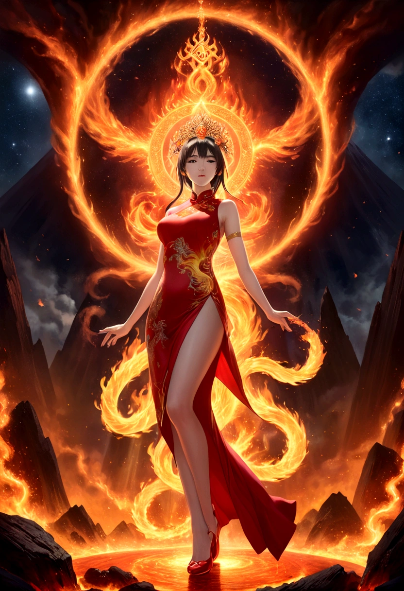 high details, best quality, 16k, [ultra detailed], masterpiece, best quality, (extremely detailed), full body, ultra wide shot, photorealistic, fantasy art, dnd art, rpg art, realistic art, an ultra wide picture of a female elf (intricate details, wearing fiery (Cheongsam: 1.3), Masterpiece, best quality: 1.5) goddess of fire ((fiery radiant aura)), controlling a swirling red fire, fiery red radiant magic (1.5 intricate details, Masterpiece, best quality), manipulating purple radiant magical symbols, [[divine symbols]] (intricate details, Masterpiece, best quality: 1.5), elf female, blond hair, long hair, hair with aura, with red radiant eyes, intense eyes, ((radiant eyes)), (( red glowing eyes)), she wears Cheongsam with fiery patterns, the fire leaps from the Cheongsam, fantasy volcano back ground, streams of lava, celestial background, ((divine worship atmosphere)), high details, best quality, highres, ultra wide angle, faize