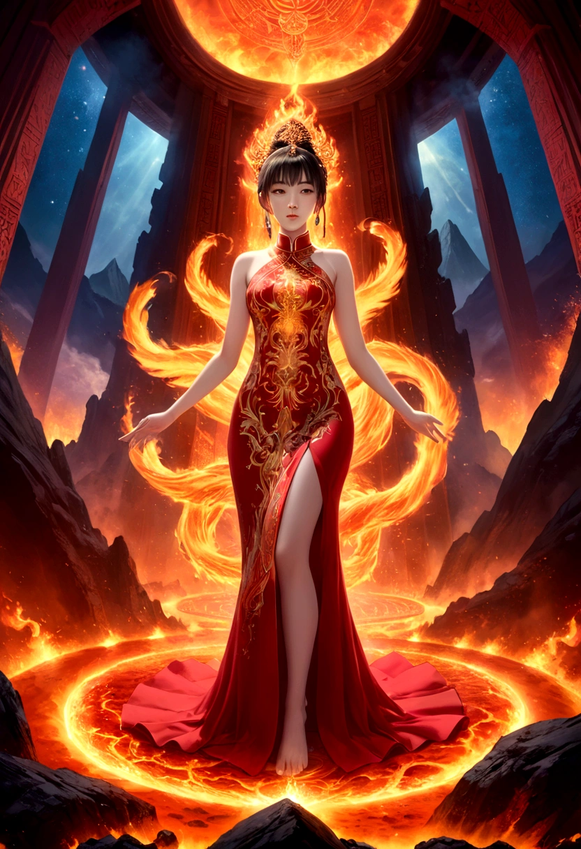 high details, best quality, 16k, [ultra detailed], masterpiece, best quality, (extremely detailed), full body, ultra wide shot, photorealistic, fantasy art, dnd art, rpg art, realistic art, an ultra wide picture of a female elf (intricate details, wearing fiery (Cheongsam: 1.3), Masterpiece, best quality: 1.5) goddess of fire ((fiery radiant aura)), controlling a swirling red fire, fiery red radiant magic (1.5 intricate details, Masterpiece, best quality), manipulating purple radiant magical symbols, [[divine symbols]] (intricate details, Masterpiece, best quality: 1.5), elf female, blond hair, long hair, hair with aura, with red radiant eyes, intense eyes, ((radiant eyes)), (( red glowing eyes)), she wears Cheongsam with fiery patterns, the fire leaps from the Cheongsam, fantasy volcano back ground, streams of lava, celestial background, ((divine worship atmosphere)), high details, best quality, highres, ultra wide angle, faize