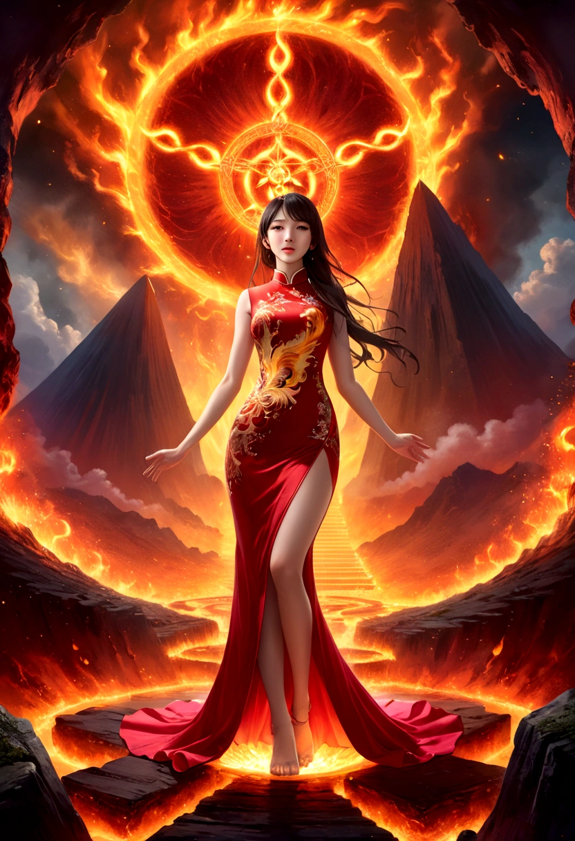 high details, best quality, 16k, [ultra detailed], masterpiece, best quality, (extremely detailed), full body, ultra wide shot, photorealistic, fantasy art, dnd art, rpg art, realistic art, an ultra wide picture of a female elf (intricate details, wearing fiery (Cheongsam: 1.3), Masterpiece, best quality: 1.5) goddess of fire ((fiery radiant aura)), controlling a swirling red fire, fiery red radiant magic (1.5 intricate details, Masterpiece, best quality), manipulating purple radiant magical symbols, [[divine symbols]] (intricate details, Masterpiece, best quality: 1.5), elf female, blond hair, long hair, hair with aura, with red radiant eyes, intense eyes, ((radiant eyes)), (( red glowing eyes)), she wears Cheongsam with fiery patterns, the fire leaps from the Cheongsam, fantasy volcano back ground, streams of lava, celestial background, ((divine worship atmosphere)), high details, best quality, highres, ultra wide angle, faize