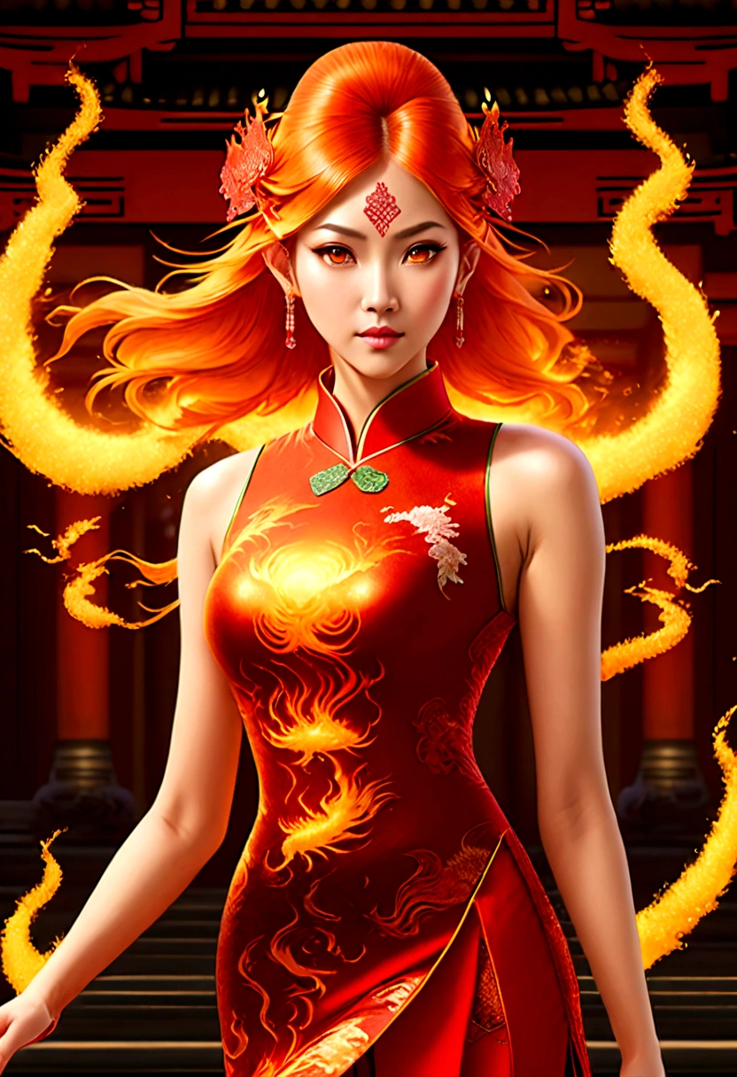 high details, best quality, 16k, [ultra detailed], masterpiece, best quality, (extremely detailed), full body, ultra wide shot, photorealistic, fantasy art, dnd art, rpg art, realistic art, an ultra wide picture of a female elf (intricate details, wearing fiery (Cheongsam: 1.3), Masterpiece, best quality: 1.5) goddess of fire ((fiery radiant aura)), controlling a swirling red fire, fiery red radiant magic (1.5 intricate details, Masterpiece, best quality), manipulating purple radiant magical symbols, [[divine symbols]] (intricate details, Masterpiece, best quality: 1.5), elf female, blond hair, long hair, hair with aura, with red radiant eyes, intense eyes, ((radiant eyes)), (( red glowing eyes)), she wears Cheongsam with fiery patterns, the fire leaps from the Cheongsam, fantasy volcano back ground, streams of lava, celestial background, ((divine worship atmosphere)), high details, best quality, highres, ultra wide angle, faize