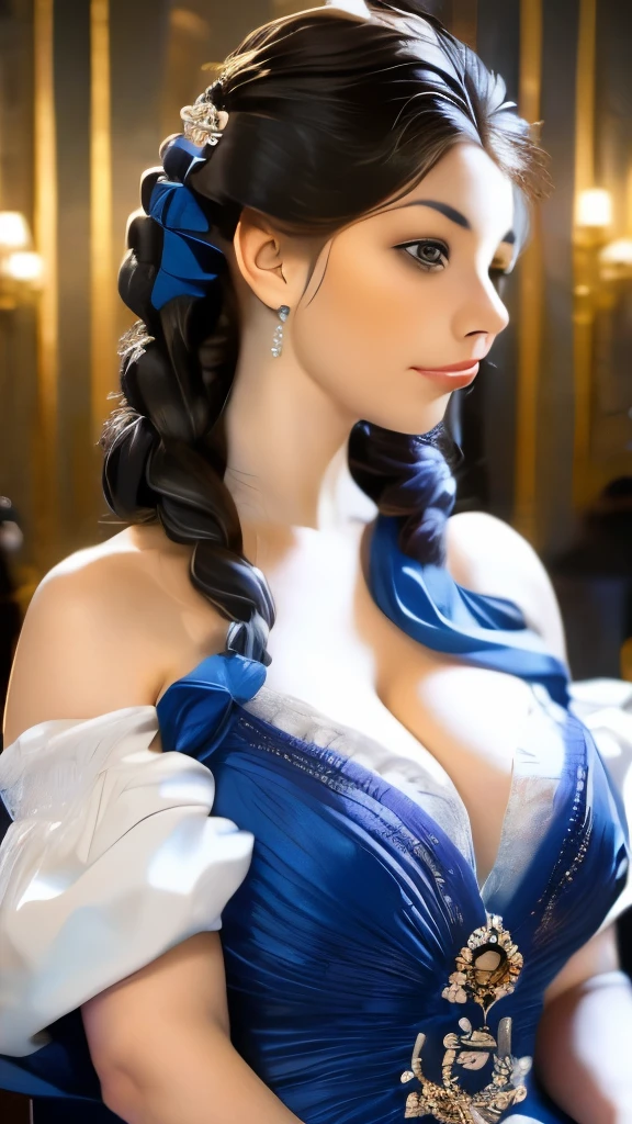 a close up of a woman in a blue dress with a white dress, elegant lady with alabaster skin, inspired by Franz Xaver Winterhalter, curvaceous. detailed expression, biedermeier, john currin, artdoll, 1 7 th century duchess, inspired by Thomas Lawrence, inspired by François Clouet, curvaceous. detailed
